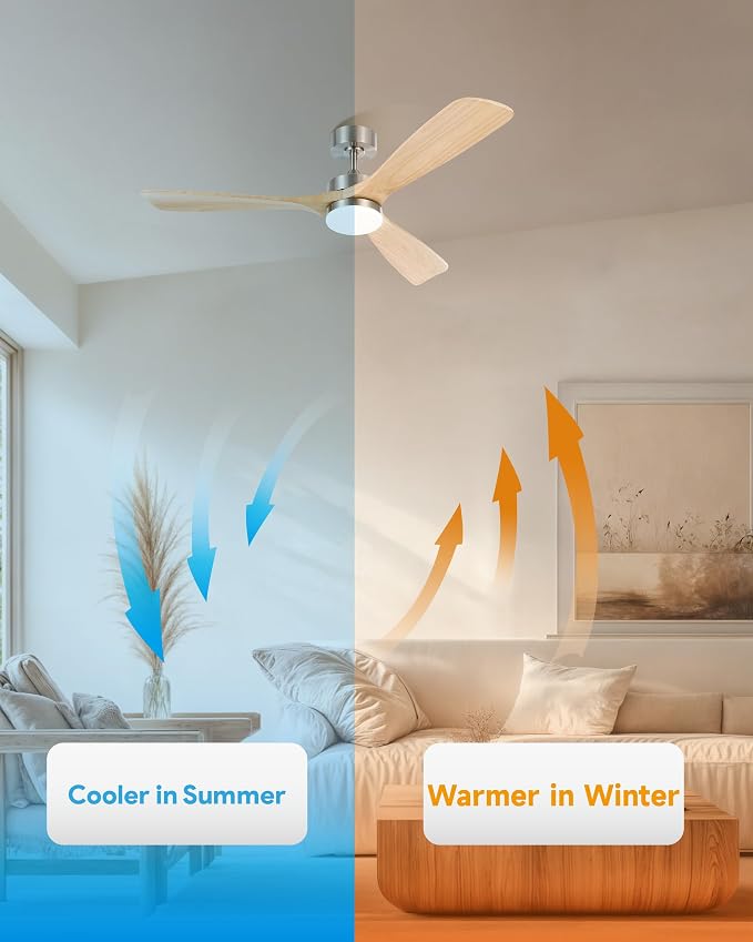 VONLUCE Wood Ceiling Fan with Lights, 52 Inch Ceiling Fan and Remote, 6 Speed Reversible Noiseless DC Motor, 3CCT, Solid Wood Outdoor Ceiling Fan for Patios Farmhouse, Nickel