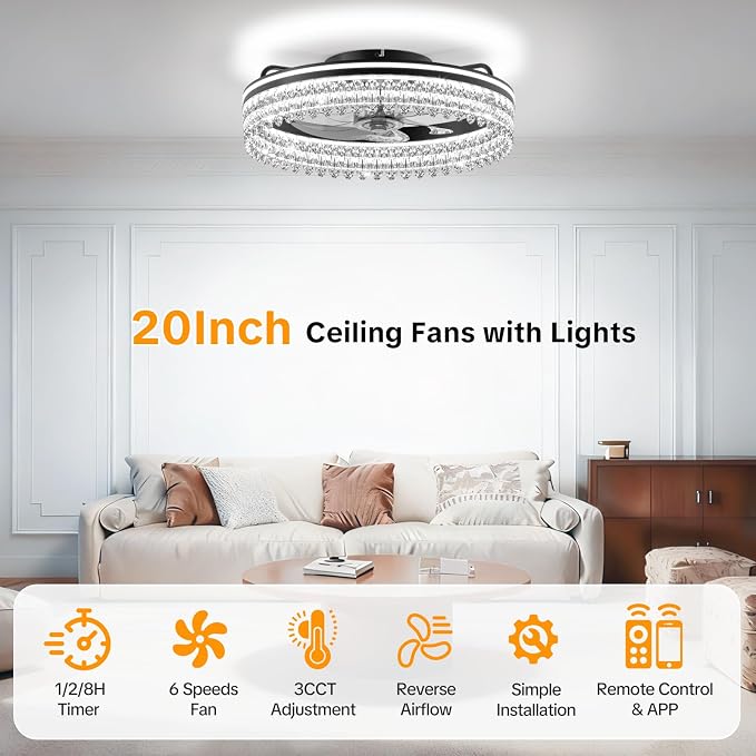 20" Ceiling Fan with Lights, Flush Mount Ceiling Fans, Ceiling Fans with Lights and Remote, 6 Speeds Dimmable Ceiling Lights with Fans, Quiet Modern Ceiling Fan for Bedroom Living Room