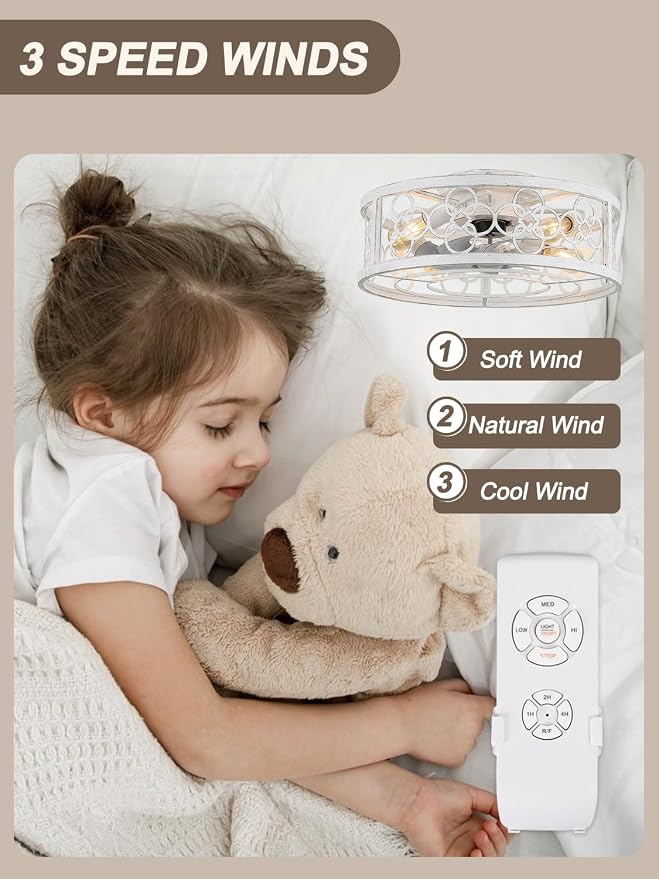 Caged Ceiling Fan with Lights and Remote 19.5" Flush Mount Ceiling Fan with Lights Bladeless Ceiling Fan with 3 Timing for Bedroom, Dining Room Living Room