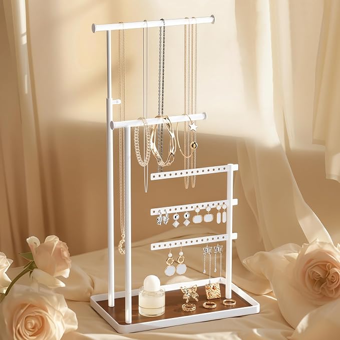 susswiff Jewelry Holder Organizer Stand - Adjustable Tall 17.5" (Max), Sturdy Jewelry Hanger for Necklaces, Earrings, Bracelets, Rings, Jewlery Display and Storage, White, Metal