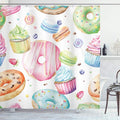 Ambesonne Sweets Shower Curtain, Delicious Macaron Cupcakes Donuts Muffins Sugar Tasty Yummy Watercolor Design Print, Cloth Fabric Bathroom Decor Set with Hooks, 69" W x 70" L, Green Pink