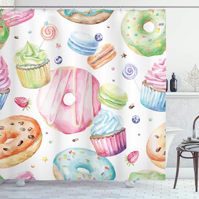 Ambesonne Sweets Shower Curtain, Delicious Macaron Cupcakes Donuts Muffins Sugar Tasty Yummy Watercolor Design Print, Cloth Fabric Bathroom Decor Set with Hooks, 69" W x 70" L, Green Pink