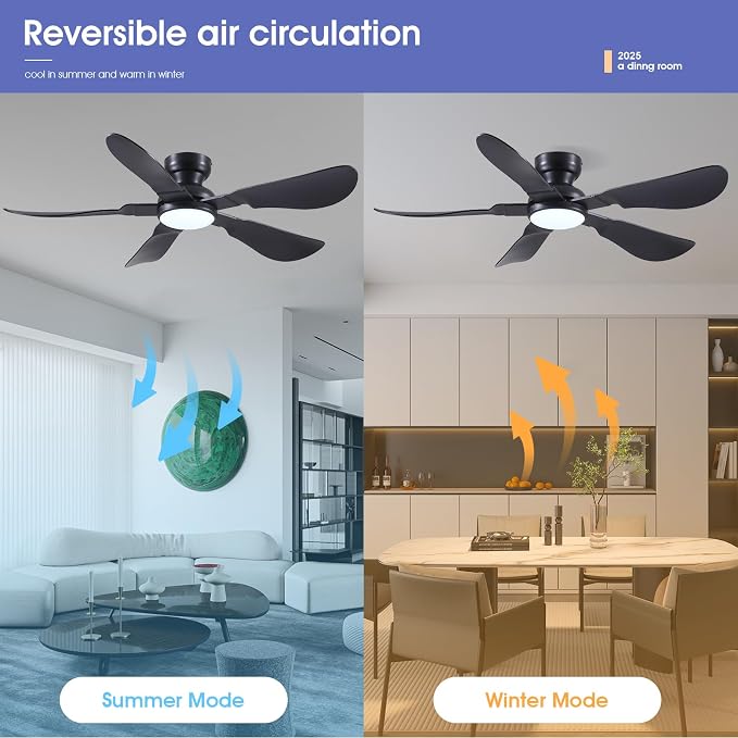 Kviflon 52 Inch Modern Ceiling Fans with Lights, Flush Mount Ceiling Fan with Light and Remote/APP Control, 5 Reversible 6 Speeds Curved Blades, 3 CCT Dimmable Lights for Bedroom, Black