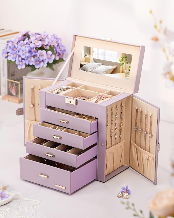 Homde Synthetic Leather Huge Jewelry Box Mirrored Watch Organizer Necklace Ring Earring Storage Lockable Gift Case (Grey Purple + Gold)