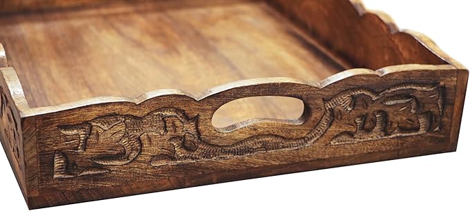 COTTON CRAFT Hand Carved Wooden Serving Tray - Breakfast Tray with Handles | Natural Finish Decorative Dinner Tray - Rustic Intricately Detailed Unique Furnishing Accent - Food Tray - 17x13x2.5 Inches
