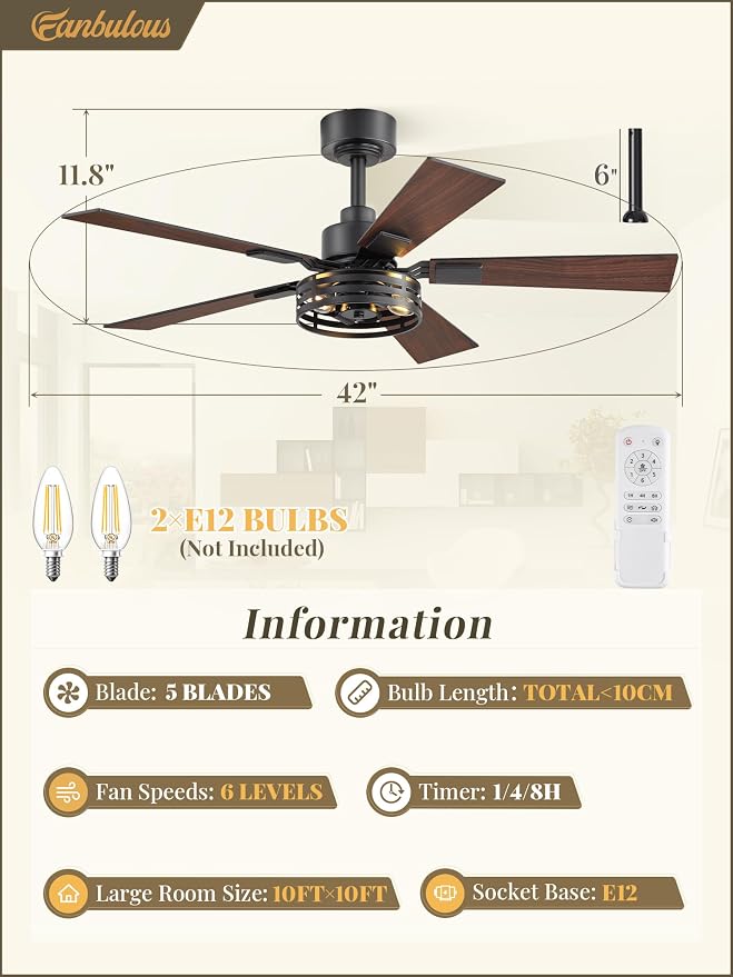 Farmhouse Caged Ceiling Fans with Lights and Remote, 42 Inch Rustic Black Ceiling Fans, 6 Speed Reversible Quiet DC Motor, Noiseless Ceiling Fan Dual Finish 5 Blades for Living Room Bedroom Kitchen