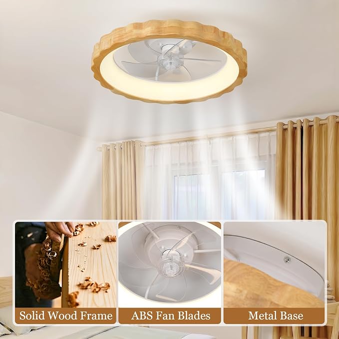 20 Inch Low Profile Ceiling Fan with Light, Flush Mount Small Fandelier with Remote Control, Modern Smart Dimmable Quiet LED Fan Light for Bedroom Living Room, Flower Patterned Natural Wood