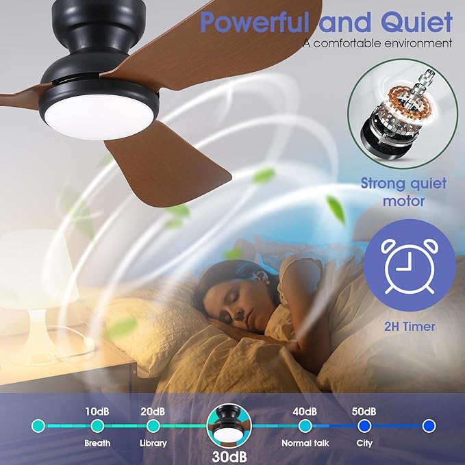 Kviflon 46 Inch Modern Ceiling Fans with Lights, Flush Mount Ceiling Fan, Remote/APP Control, 3 Reversible Curved Blades, 6 Speeds, 3 CCT Dimmable LED Lights for Living Room Bedroom, Brown