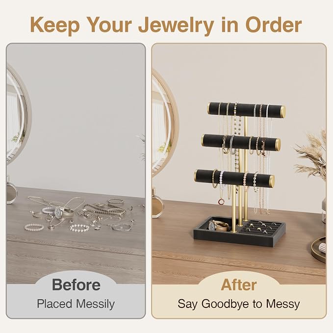 Jewelry Organizer Stand Display, 3 Tier Velvet Bracelet Holder, Black | Jewelry Organizers and Storage | Jewelry Tree | Jewelry Towers for Necklaces, Bracelets, Earrings, Rings
