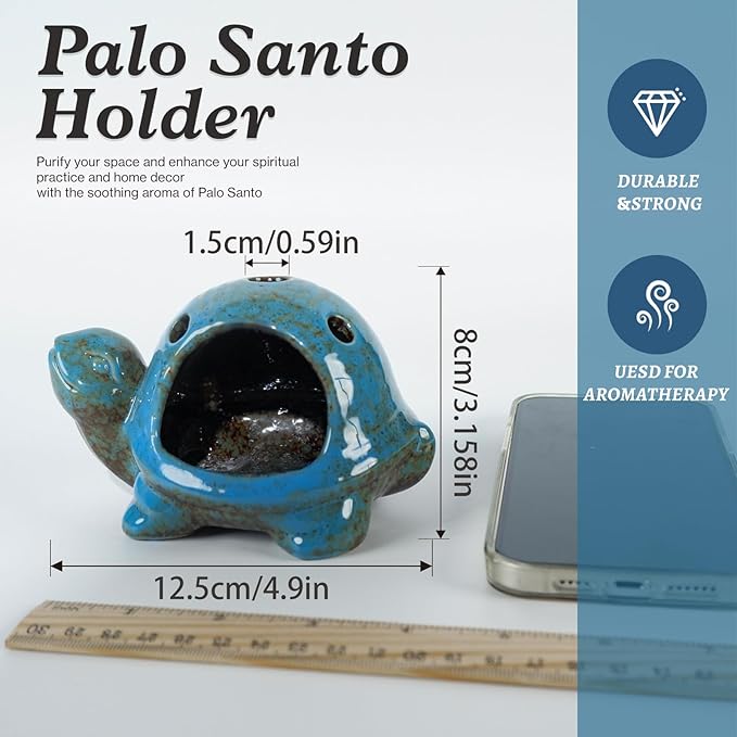 MOUGIGI Blue Ceramic Turtle Palo Santo Burner - Mini Chiminea, Burns Palo Santo、Sage、Incense Cones, Doubles as Small Candle Holder for Energy Cleansing、Yoga、Meditation、Zen、Altar Aromatherapy