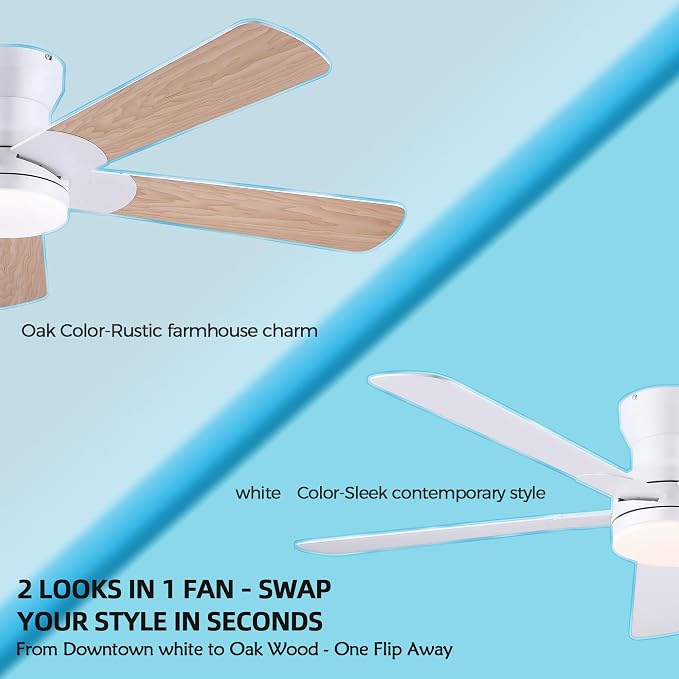 Ayaoty 52" White Ceiling Fans with Lights and Remote/APP - Flush Mount Low Profile Ceiling Fan with 5 Reversible Dual-Sided Blades, Dimmable, 1/2/4H Timer, Modern Indoor Fan Light for Kitchen, Bedroom