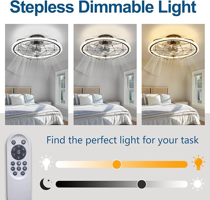 Dalouguan Rustic Black Ceiling Fan with Light, Farmhouse Chemistry Molecular Model Caged Ceiling Fan with Remote, LED Low Profile Ceiling Light for Bedroom Kitchen Living Room