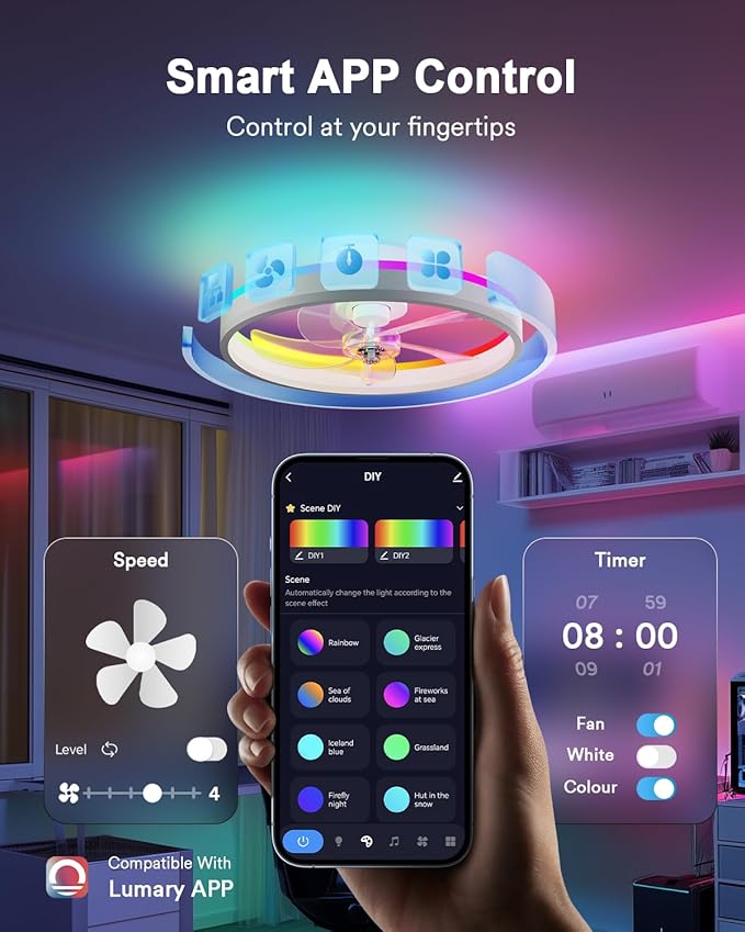 Lumary Smart WiFi Ceiling Fans with Lights, RGBAI Flush Mount Ceiling Fans with Lights and Remote, Dual Lighting Mode Modern LED Low Profile Ceiling Fan for Bedroom Works with Alexa Google, 20in White | 4500 lumens CCT light, RGBAI lighting, Alexa/Goog...
