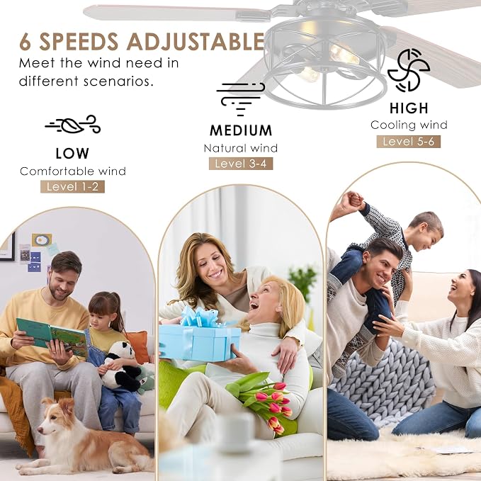 Hounberi 42 Inch Farmhouse Ceiling Fan with Light, Rustic Caged Ceiling Fans with Lights and Remote, Dual Finish 5 Blades, 6 Speeds, Reversible DC Motor, Vintage Rustic Ceiling Fans for Living Room