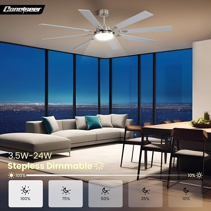 72 Inch Ceiling Fans with Lights and Remote, Living Room Office Industrial, 5CCT Dimmable, Dual Color 8 Blades, 6 Speed Reversible Quiet DC Motor, Double-Layer Lampshade, Sand-nickel/Wood Grain