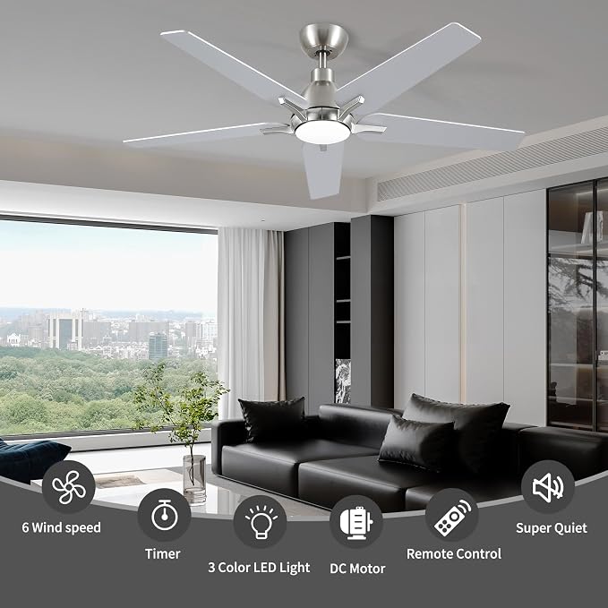 52 Inch Ceiling Fan with Light and Remote Cortrol, Brushed Nickel | 6-Speed Quiet Reversible DC Motor, 3CCT Dimmable 24W LED Light, 5 Wood Blades,Used for Bedroom, Living Room, Covered Patio