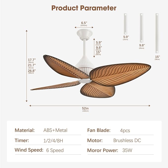 52"White Tropical Ceiling Fans, Flush Mount Palm Leaf Ceiling Fan no Light, Indoor Ceiling Fans without Light for Living Room Bedroom Kitchen Covered Gazebo, APP and Remote Control-Light Wood Grain