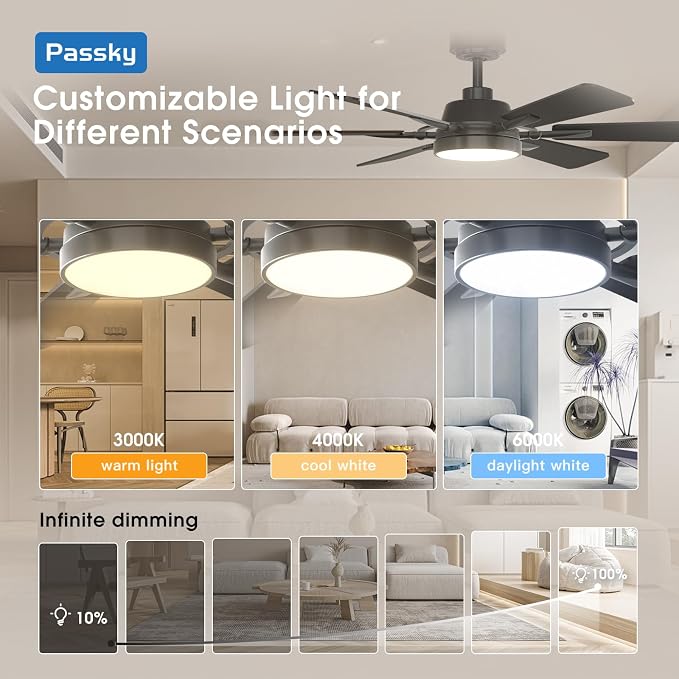 Passky Ceiling Fans with Lights, 52 inch Ceiling Fan with Light and Remote Control, Reversible, Dimmable, 3CCT, Quiet, Black Modern Ceiling Fan for Bedroom, Living Room