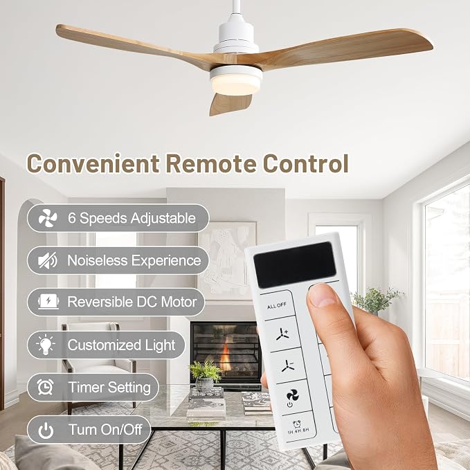 Sofucor 52 Inch Smart Ceiling Fan, Indoor/Outdoor Ceiling Fans with Lights and Remote, Work with Alexa/Google/APP, 6-Speed, Quiet DC Motor, 3 Blades Solid Wood Ceiling Fans for Bedroom Farmhouse Patio