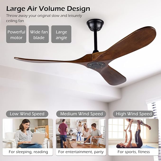 52 Inch Ceiling Fan No Light ，Wood Outdoor Ceiling Fans for Patios Living Room Bedroom 3 Blade Propeller Modern Ceiling Fan Without Light with remote Control(Walnut)