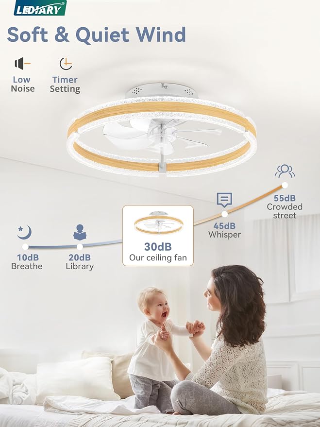 LEDIARY Ceiling Fans with Lights and Remote, 20'' Low Profile Ceiling Fan with Light, 3000-6000K Dimmable Fandelier Ceiling Fans, Modern Flush Mount Fan Light for Bedroom with 6 Wind Speeds-Wood Grain