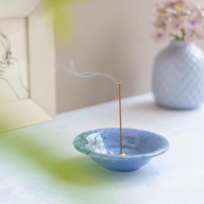 Asayu Japanese Small Incense Holder for Sticks 4.88 inch (124mm), Traditional Made in Japan Ceramic Ash Catcher and Brass Incense Burner Set - Blue