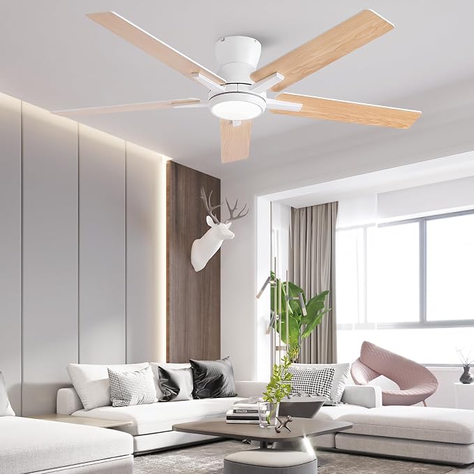 Sevenine 52'' White Flush Mount Ceiling Fan with Light & Remote, ETL Listed | 6 Speed, Quiet DC Motor, 3-Level Timer Function, 3 Color Temperature, Forward/Reserve For all Seasons, Indoor/Covered Outdoor