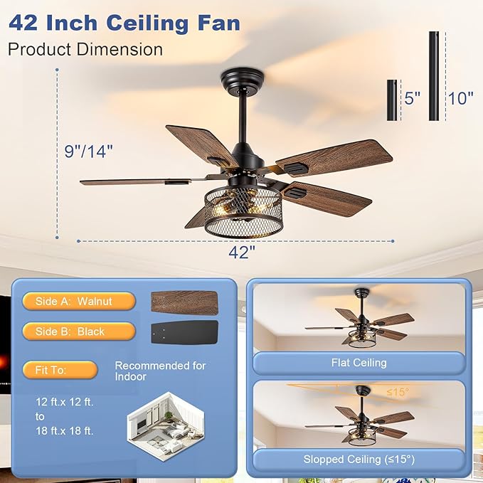 Depuley 42-Inch Ceiling Fans with Lights: Caged Ceiling Fans Dual Finish 5 Blades - Farmhouse Ceiling Fan with Remote Control for Rustic Living Room Outdoor Patio Reversible (Black Walnut)