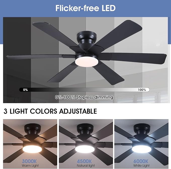 52"6 Blades Black Low Profile Flush Mount Ceiling Fans with Lights Remote | Super Large Airflow with 6 Wind Speeds, Reversible, Dimmable 3CCT LED, 30W Quiet DC Motor,Suits for Bedroom Kitchen