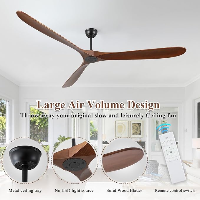 88" Ceiling Fan, Extra Large No Lights, 3 Wood Walnut Blades, DC Motor, Reversible Propeller Outdoor Ceiling Fan for Patios, Exterior House Porch, Farmhouse Gazebo with Remote Control