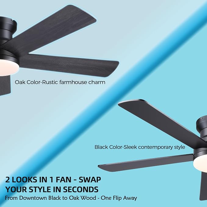 Ayaoty Ceiling Fans with Lights - 48" Black Flush Mount Ceiling Fan Light with 6 Speeds 3CCT Dimmable, Revesible Motor, Low Profile Fan Light for Modern Indoor Bedroom, Kitchen