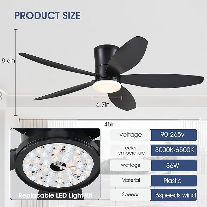 Surtime 48" Ceiling Fans with Lights-Low Profile Ceiling Fan with Light and Remote/APP Control, Black Flush Mount Ceiling Fans,DC Reversible,LED Dimmable