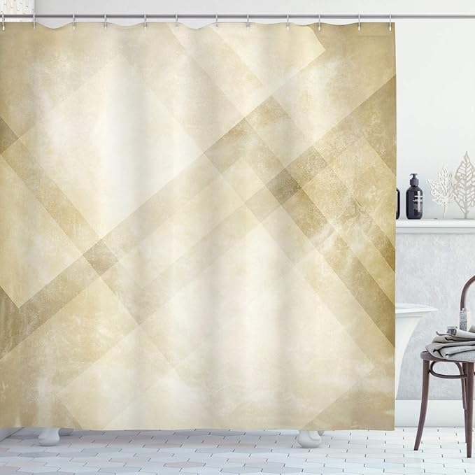 Ambesonne Tan Shower Curtain, Striped Vintage Faded Squares and Angled Lines Dated Antique Display with Modern Pattern, Cloth Fabric Bathroom Decor Set with Hooks, 69" W x 84" L, Beige Tan