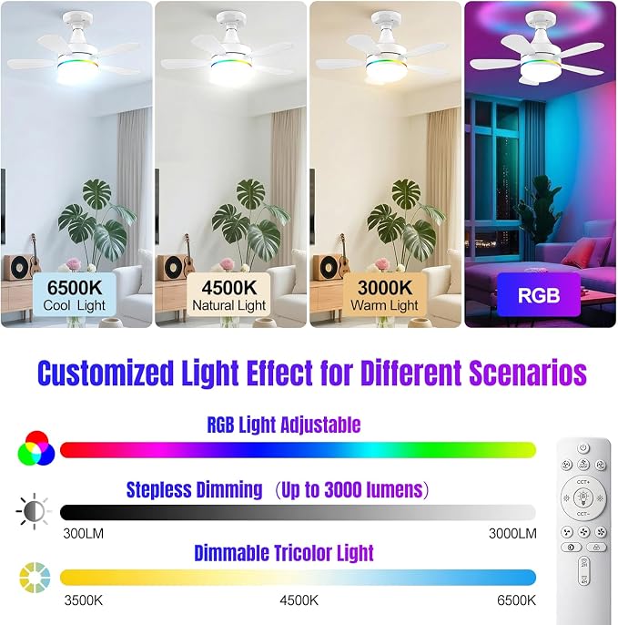 Socket Ceiling Fan with Light, E26 Base 17.5in - 3000LM Ultra Bright, Dimmable 3000K-6500K & RBG, 6 Speeds with Remote, Reversible Motor for Bedroom, Living Room, Kitchen