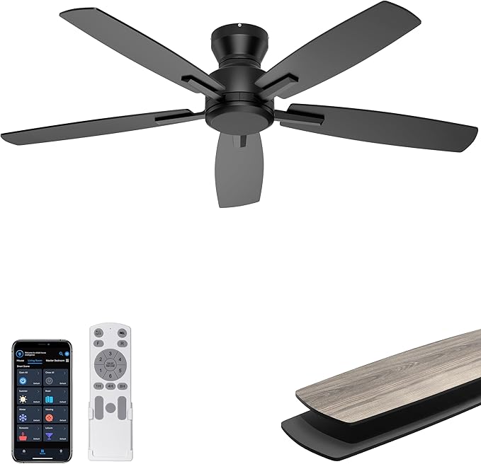 Ohniyou 52 Inch Ceiling Fan No Light, Low Profile Ceiling Fan with Remote and App Control, Flush Mount Ceiling Fan without Light for Bedroom Living Room Covered Patios, Quiet DC Motor, Black