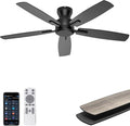 Ohniyou 52 Inch Ceiling Fan No Light, Low Profile Ceiling Fan with Remote and App Control, Flush Mount Ceiling Fan without Light for Bedroom Living Room Covered Patios, Quiet DC Motor, Black