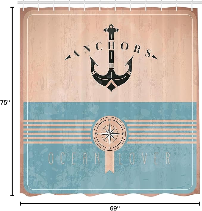 Ambesonne Nautical Shower Curtain, Vintage Marine Design for Ocean Lovers Anchor Compass and Stripes, Cloth Fabric Bathroom Decor Set with Hooks, 69" W x 75" L, Champagne
