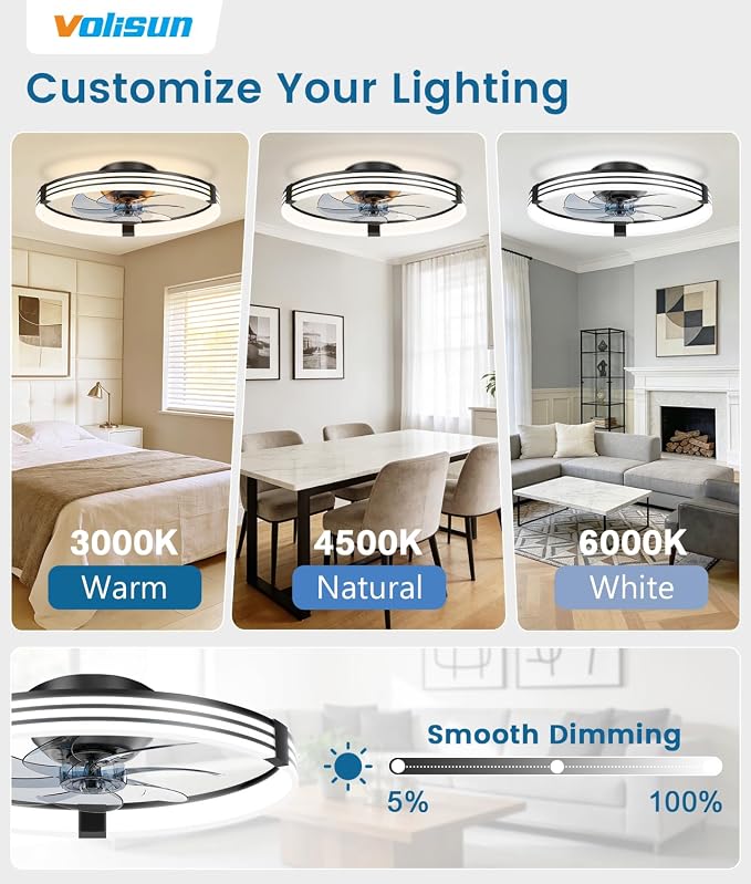 VOLISUN Low Profile Ceiling Fans with Lights and Remote, 20in Flush Mount Ceiling Fan with Light, 3000K-6500K Dimmable Fandelier LED Fan Light, Black Bladeless Ceiling Fans with Lights for Bedroom