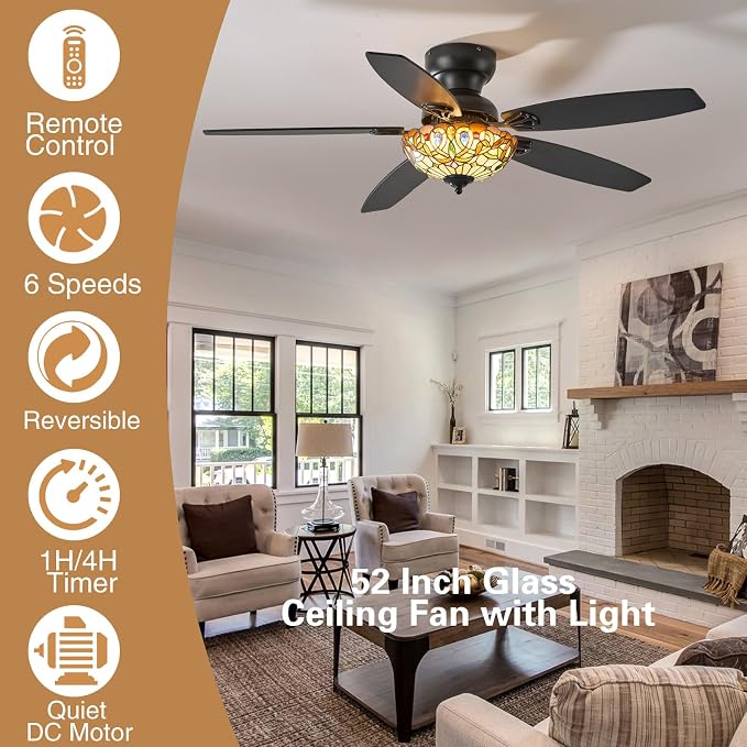 Ceiling Fans with Lights - 52" Ceiling Fan Chandelier with 5 Dual-Blades and Glass Shade, 6 Speeds and Reversible, Indoor and Outdoor, Retro Style