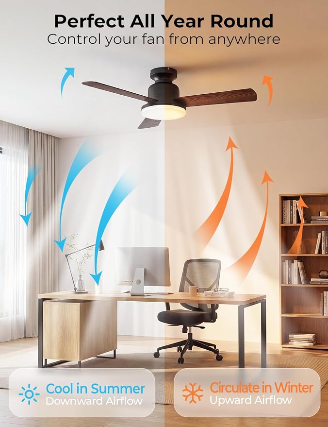 CINOTON Smart Ceiling Fan with Lights, 42'' RGBCW Low Profile Ceiling Fan with Lights and Remote, App/Voice Control, Reversible DC Motor, 2400lm Dimmable, 6 Speeds, Quiet Fan for Bedroom, Living Room