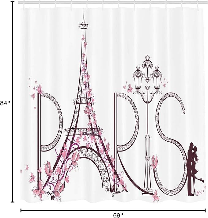 Ambesonne Paris Shower Curtain, Tower Eiffel and City Name Lettering in Romantic Flowers Design Love Swirly Floral European Print, Cloth Fabric Bathroom Decor Set with Hooks, 69" W x 84" L, Pink Plum