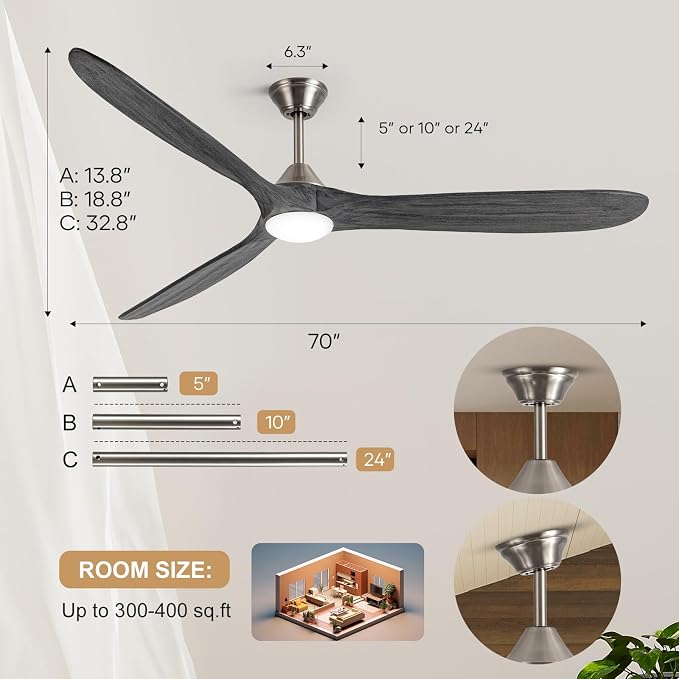 AUNLPB Ceiling Fan with light, 70 inch Outdoor Ceiling Fans for Patio with light Damp Rated, Large Wood Ceiling Fan for Indoor, Extior, Commercial, High CFM Propeller Ceiling Fans, Nickel color+gray