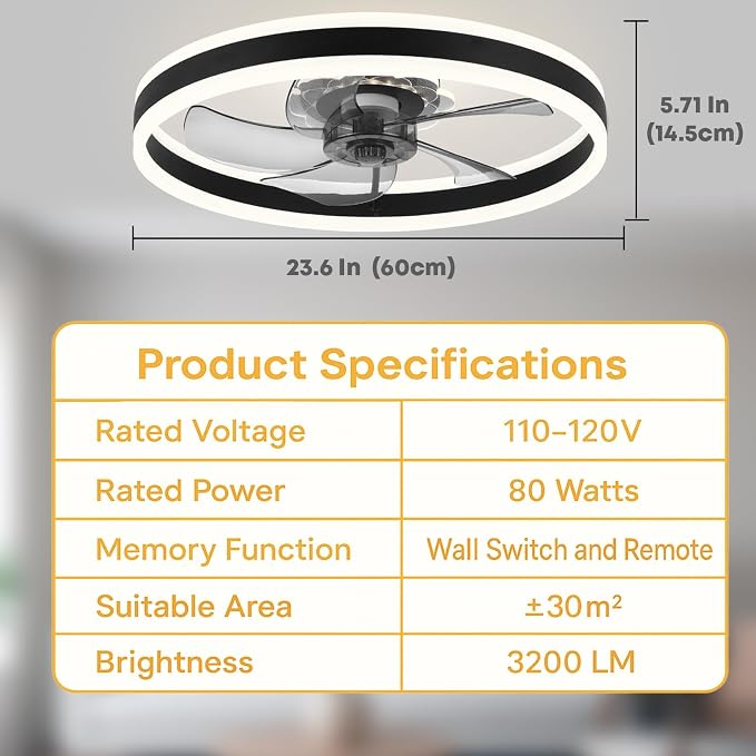FSZDORJ 24'' Ceiling Fan with Light and Remote, Low Profile Ceiling Fan with Light, Dimmable Flush Mount Ceiling Fan Light, 6 Speeds Fan, App&Remote Control, Fandelier Quiet Fan for Bedroom F105 Black