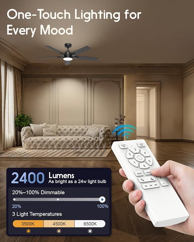 52 Inch Smart Ceiling Fans with Lights, Compatible with Alexa/Remote/APP, Downrod Mount, Reversible DC Motor, High CFM, 5 Blades, 6 Speeds, 3CCT, Dimmable, for Bedroom, Living Room, Black