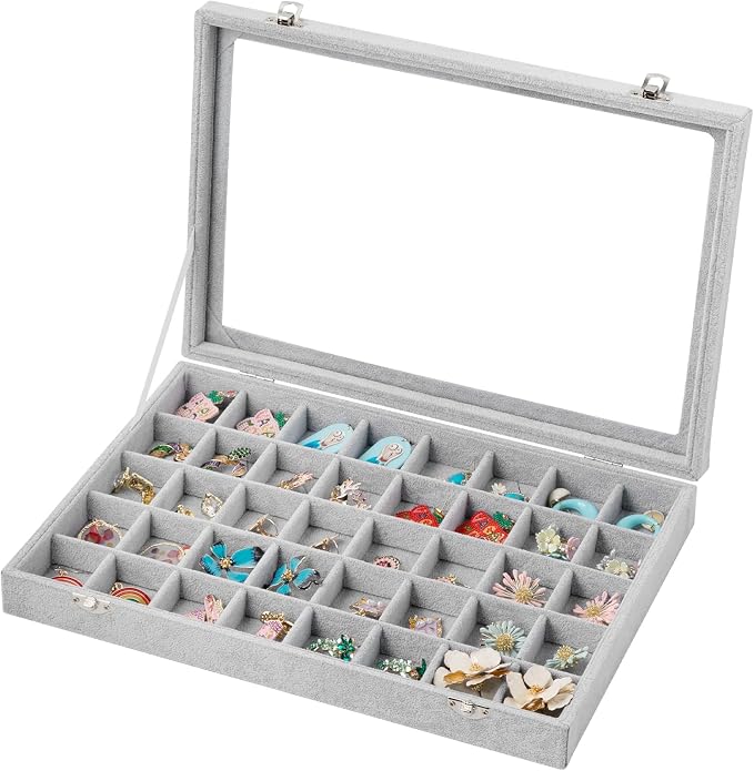 Frebeauty 40 Grid Earring Organizer,Velvet Jewelry Tray with Clear Lid | Drawer Jewelry Organizer for Rings Studs Beads,Adjustable Dividers,Dustproof,Earring Storage,Trinket Box,13.8×9.5Inches