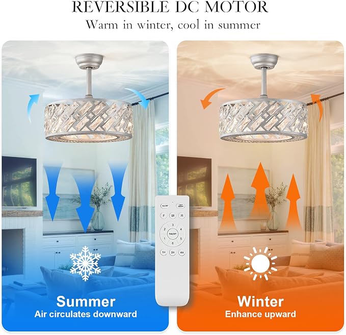 CATINER 18.5" Crystal Caged Bladeless Ceiling Fan with Light, Remote Control, Silent 6-Speed Reversible Motor – Modern Enclosed Ceiling Fan for Bedroom, Kitchen, Living Room (Silver)