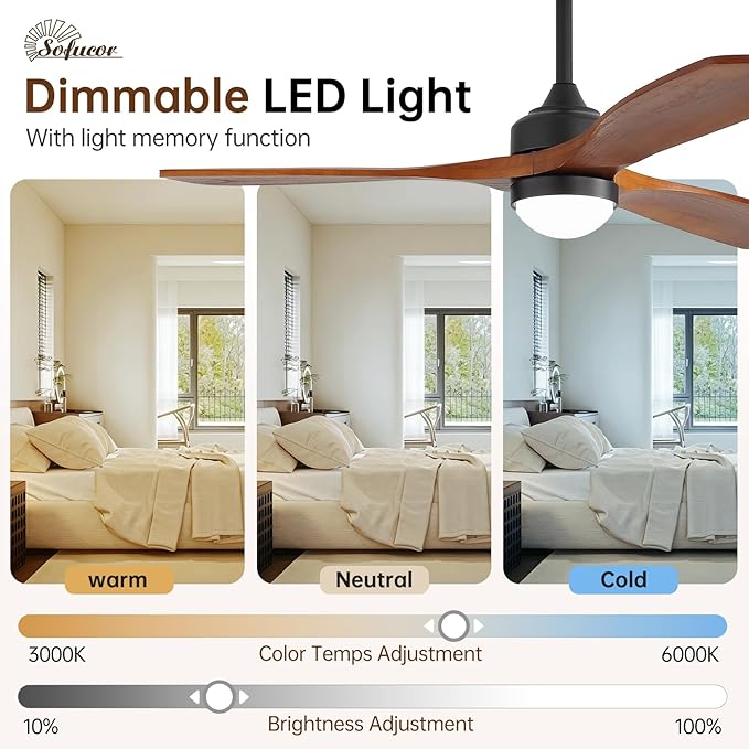 Sofucor 52" Solid Wood Ceiling Fan Lights, Flush Mount & Downrod Mount Ceiling Fan with Lights and Remote, Wood Blades Modern Outdoor Ceiling Fans for Bedroom/Farmhouse/Patio/Indoor