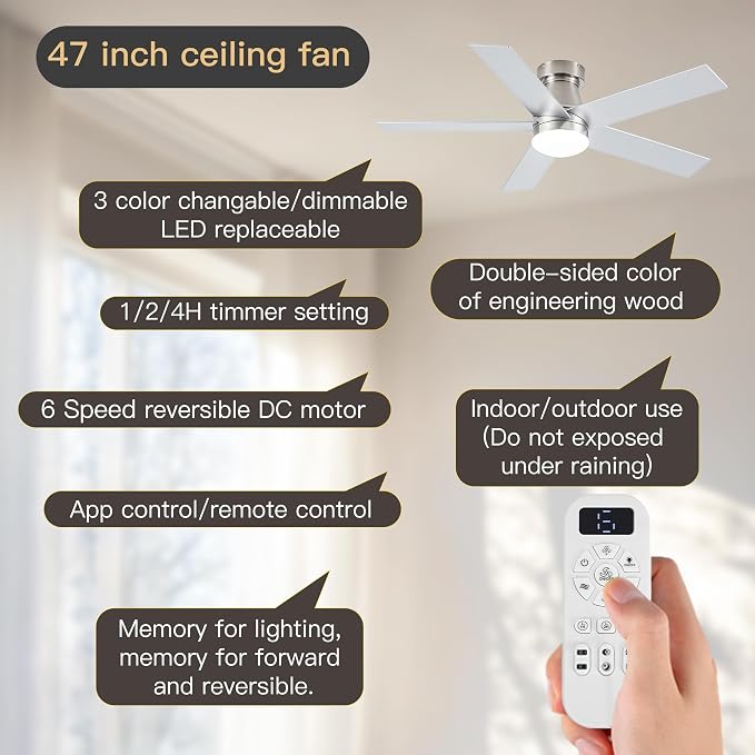 Ceiling Fans with Lights and Remote Control, Brushed Nickel Flush Mount Ceiling Fan with Light 3-Color Dimmable, Memory for Lighting and Fan Reversible, 6-Speed, Timer, Indoor/Outdoor Use, 47 Inch