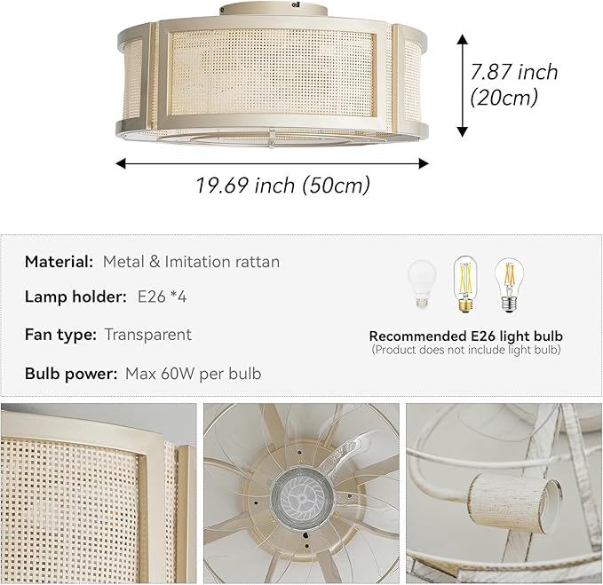 20" Boho Ceiling Fans with Lights, Rattan Flush Mount Ceiling Fan with Light Remote Control with Caged 6 Speeds for Bedroom, Nursery, Living Room (Gold)