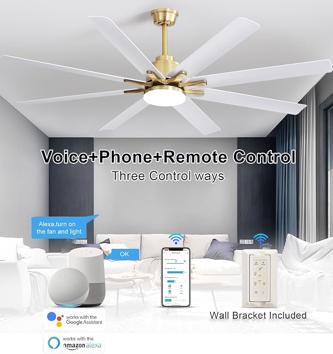 Sofucor 66 Inch Smart Ceiling Fans with Lights, Indoor/Outdoor Ceiling Fan with Light and Remote, Work with Alexa/Google, Reversible DC Motor, White Ceiling Fan Light for Living Room Bedroom Patio